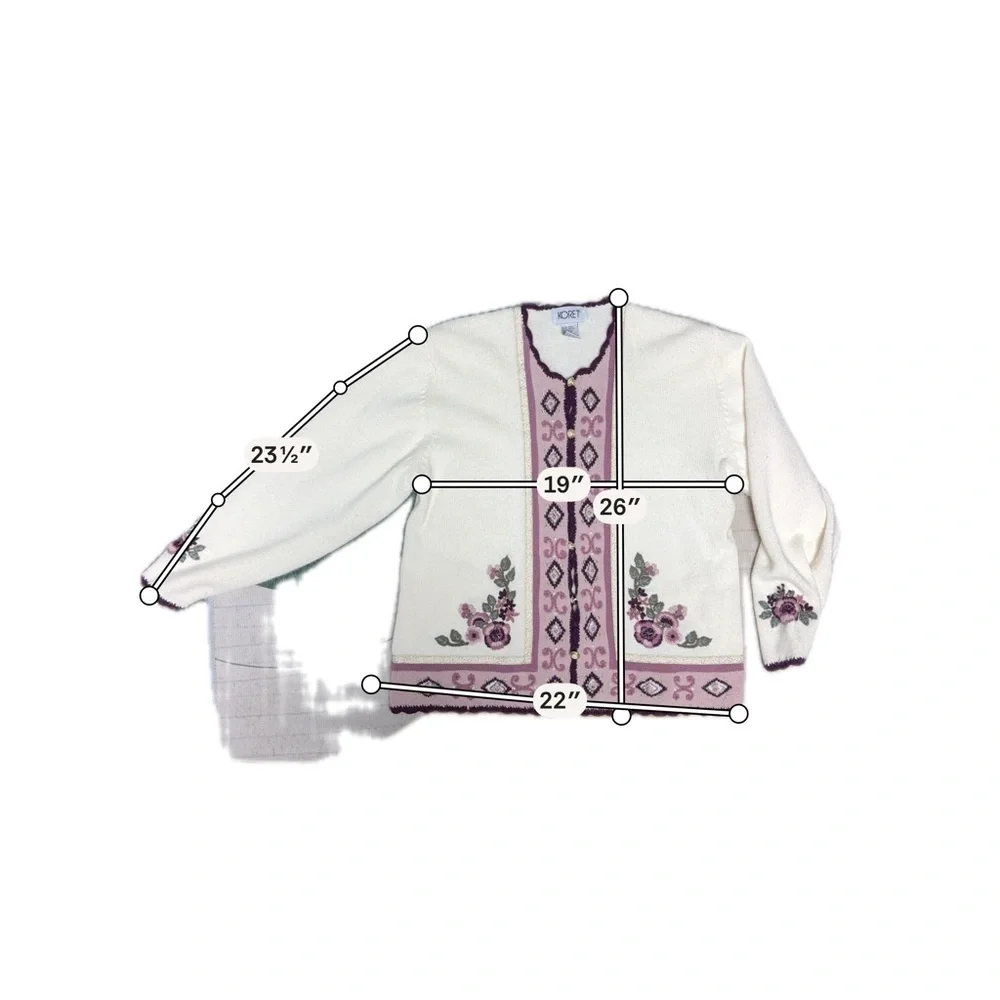 Vintage Koret Floral Embroidery Cream And Purple Cardigan Size Large